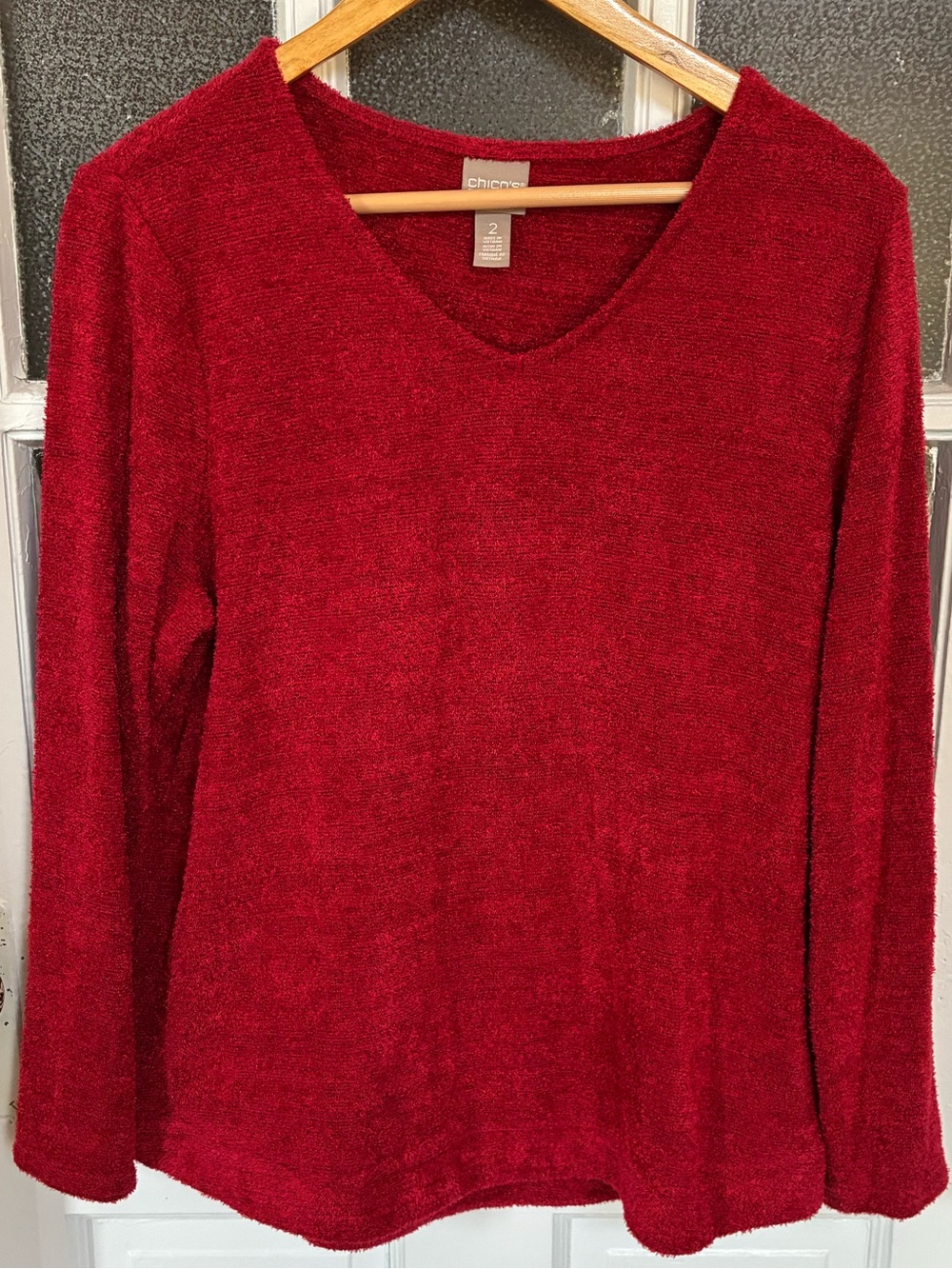 Chico’s Women’s Size 2 Red Textured V-Neck Long Sleeve Sweater Top